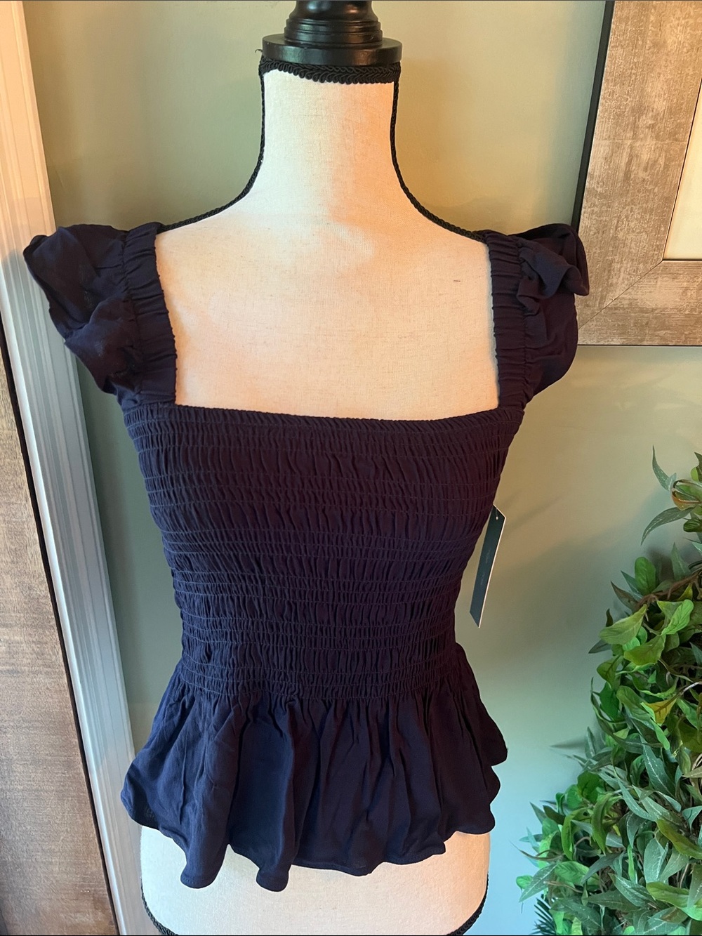 Moa Moa Navy Smocked Top with Puff Sleeve Detail